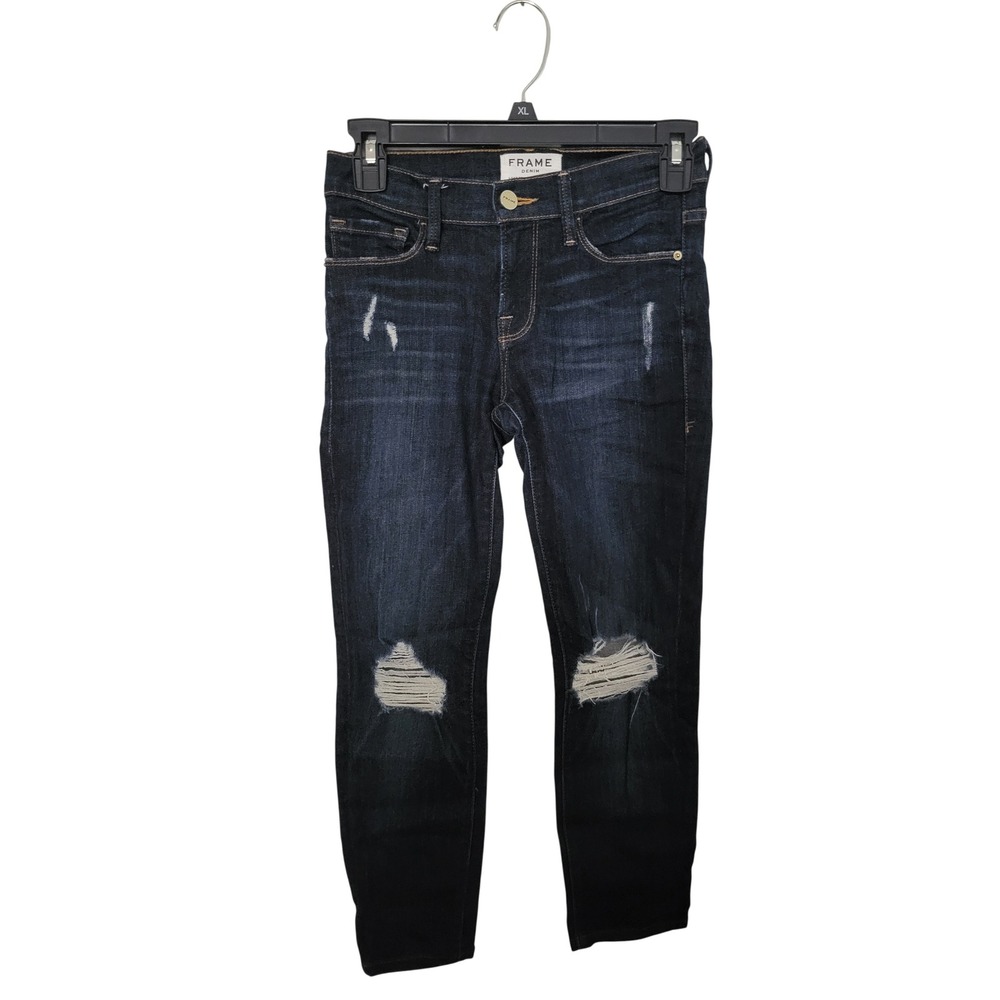 Frame Denim Skinny Jeans Women 24 Dark Indigo Distressed Shredded Knee Mid Rise